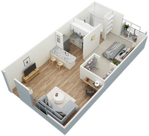 Ridgewood-1x1-501 3D Floor Plan at The Oasis Apartments, Daytona Beach, FL, 32114